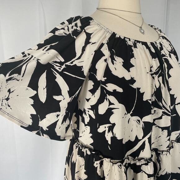 Casual Top Plus Size 2X Black Cream Floral Peplum Ruffle Boho Short Sleeve Flowy - Picture 4 of 10